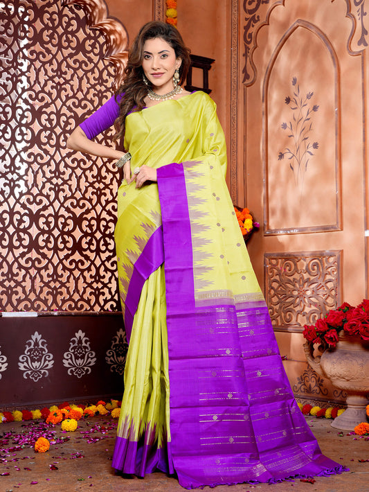Lemon Yellow and Magenta Pure Silk Kanjivaram Handloom Saree with Small Buttas and Temple Border