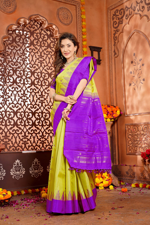 Lemon Yellow & Magenta Pure Silk Kanjivaram Handloom Saree with Small Buttas and Temple Border