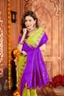 Lemon Yellow & Magenta Pure Silk Kanjivaram Handloom Saree with Small Buttas and Temple Border
