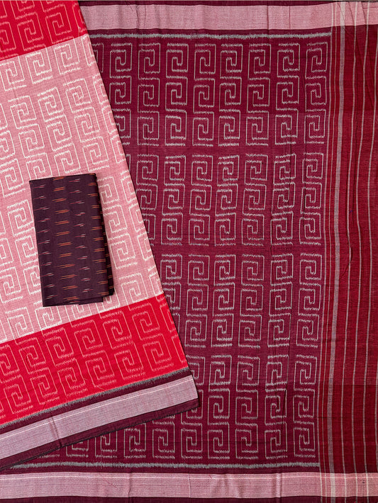 Light Pink and Red Pochampally Mercerised Cotton Handloom Saree in Ikkat Pattern