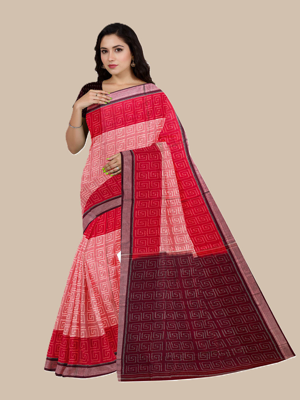 Light Pink and Red Pochampally Mercerised Cotton Handloom Saree in Ikkat Pattern