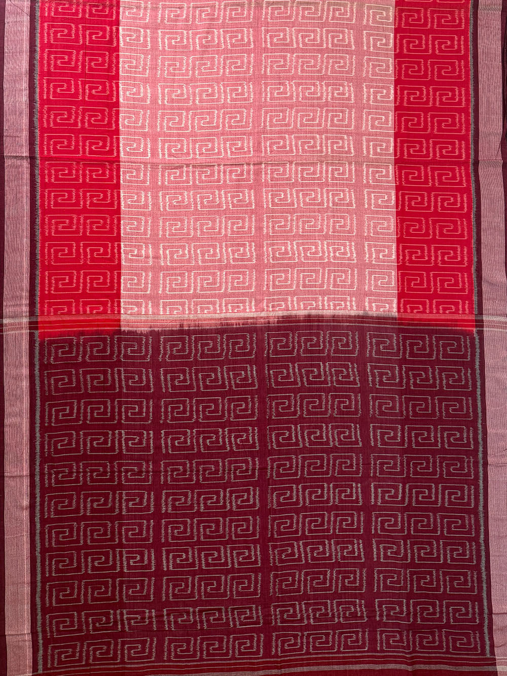Light Pink and Red Pochampally Mercerised Cotton Handloom Saree in Ikkat Pattern