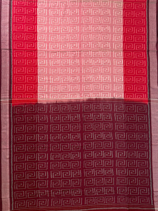 Light Pink and Red Pochampally Mercerised Cotton Handloom Saree in Ikkat Pattern