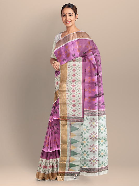 Lavender and White Ikkat Pattern Pure Soft Silk Handloom Saree