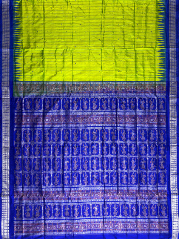Lime Green and Blue Stripes Pattern Sambalpuri Silk Handloom Saree