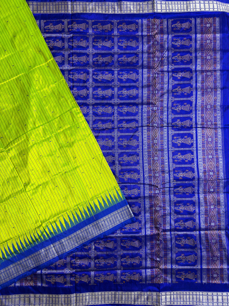 Lime Green and Blue Stripes Pattern Sambalpuri Silk Handloom Saree