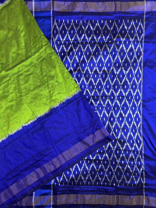 Lime Green and Blue Stripes Pochampally Pure Silk Handloom Saree