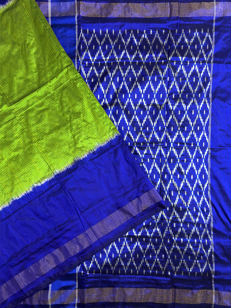 Lime Green and Blue Stripes Pochampally Pure Silk Handloom Saree