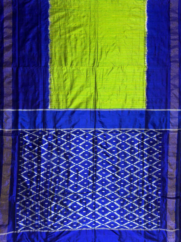 Lime Green and Blue Stripes Pochampally Pure Silk Handloom Saree