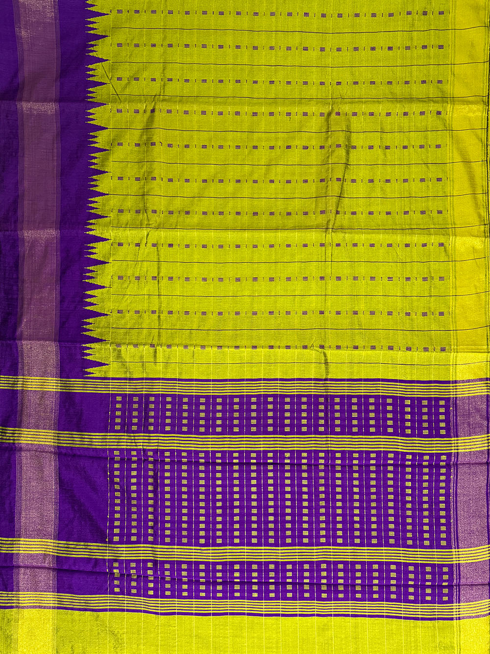 Lime Green and Purple Pure Raw Silk Handloom Saree