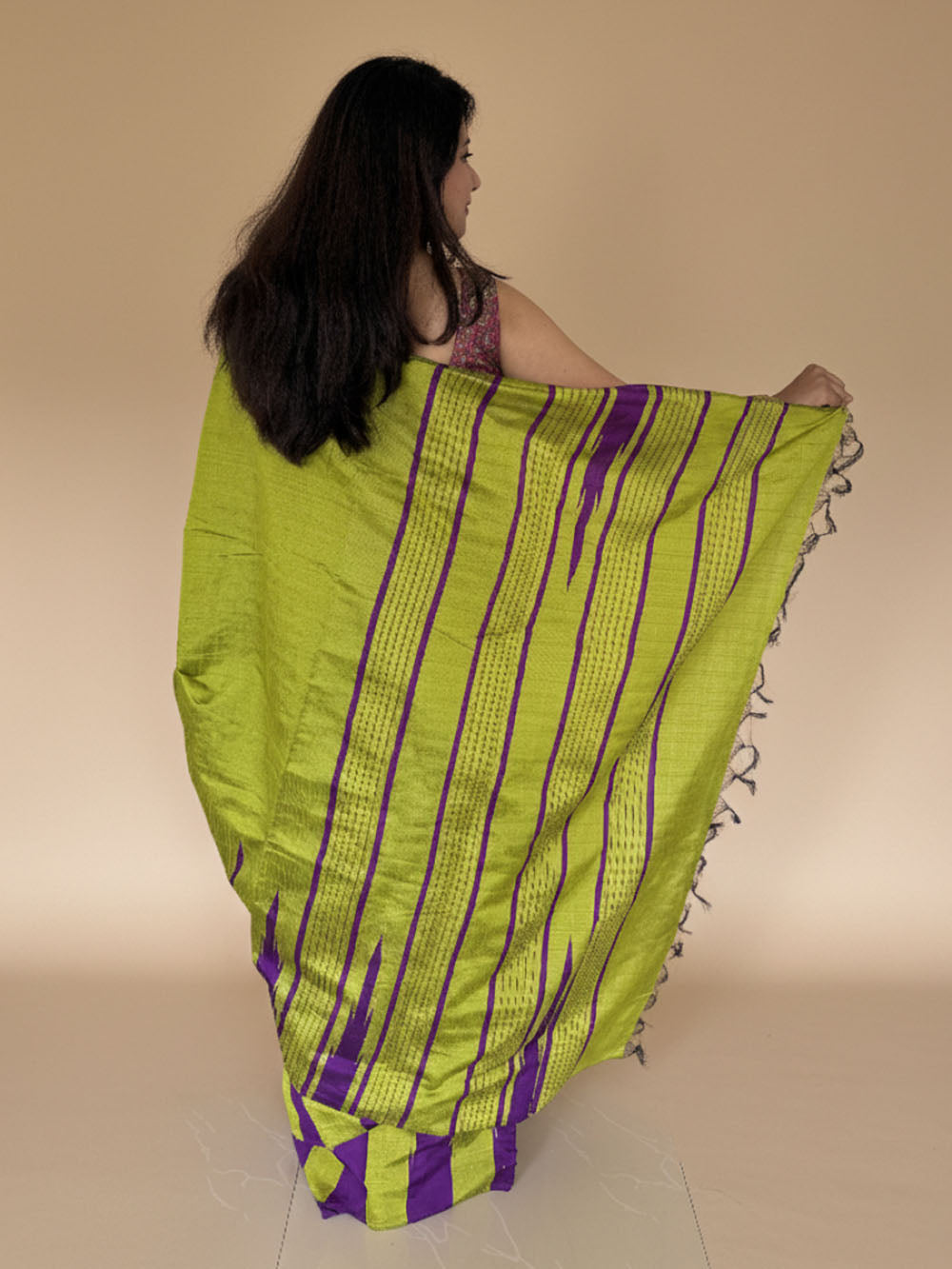 Lime Green and Purple Pure Raw Silk Handloom Saree with Temple Border