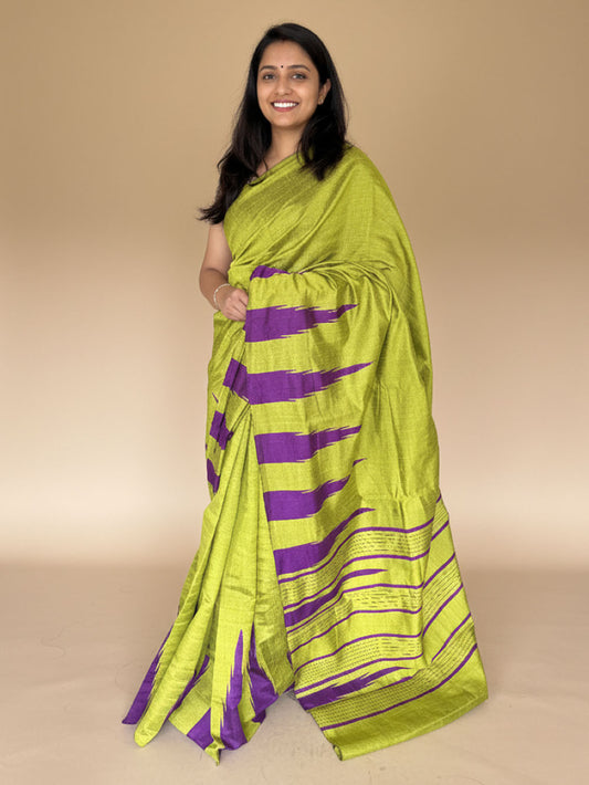 Lime Green and Purple Pure Raw Silk Handloom Saree with Temple Border
