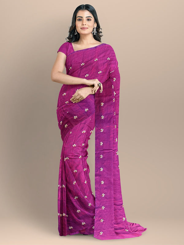 Magenta Cotton Handloom Saree with White flower Embroidery