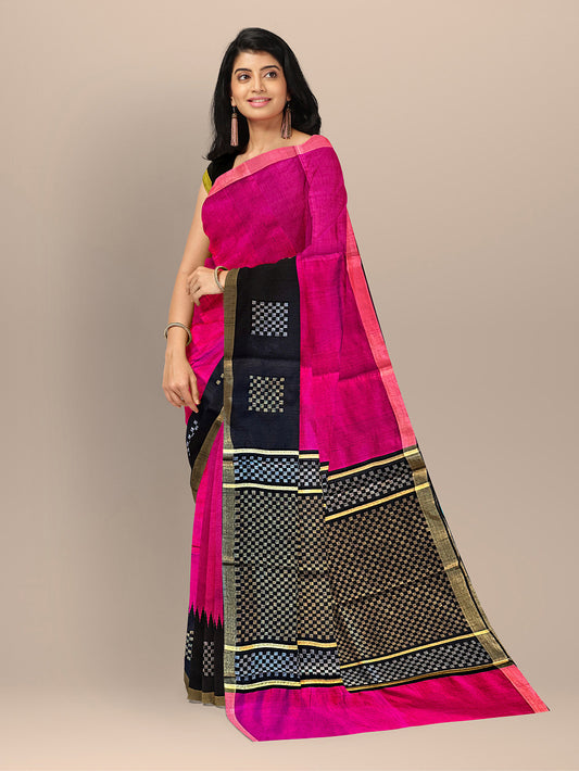 Magenta & Black Pure Raw Silk Handloom Saree With Square Pattern Border Design