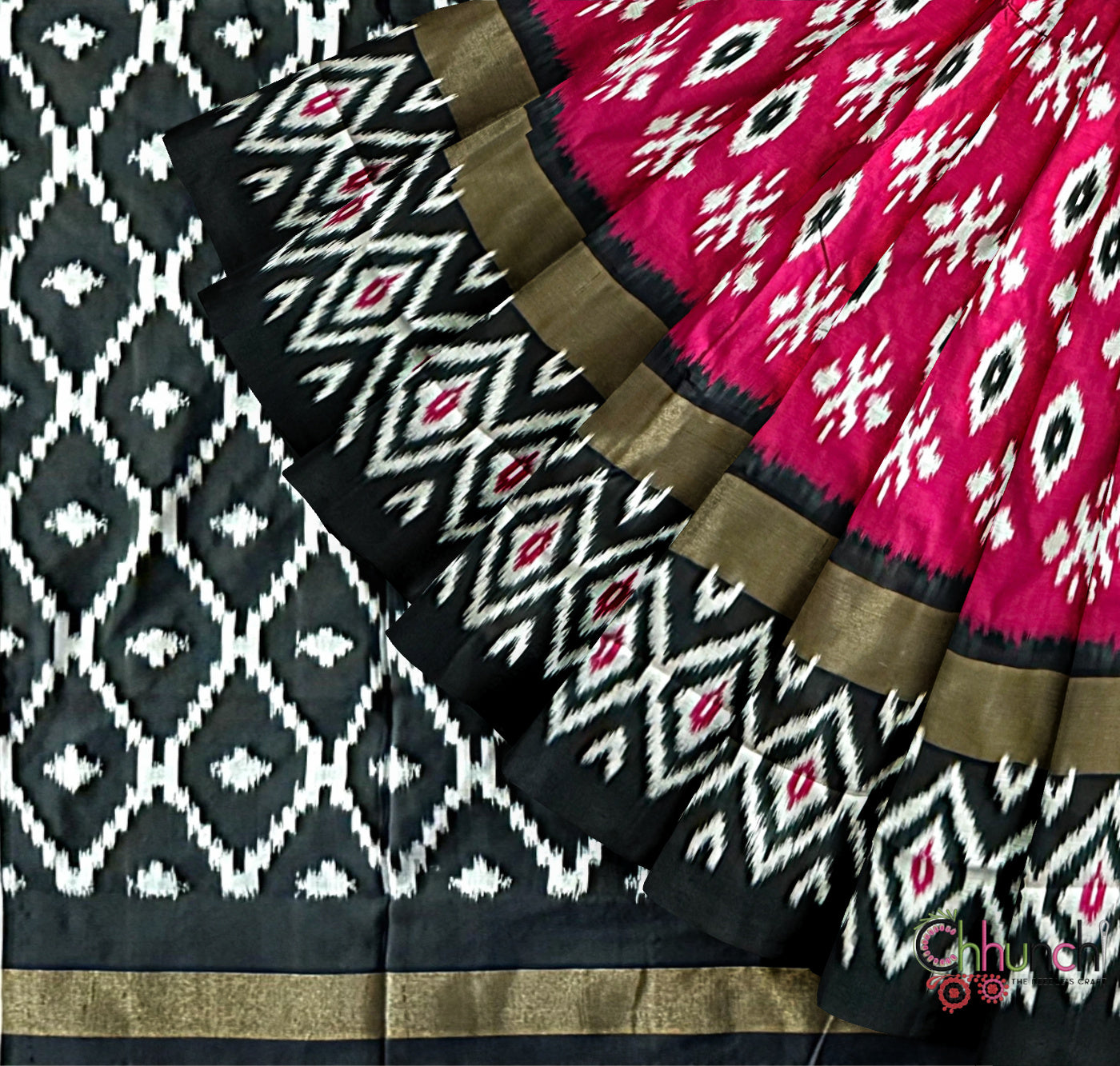 Magenta and Black Pochampally Pure Silk Handloom Saree in Ikkat Pattern