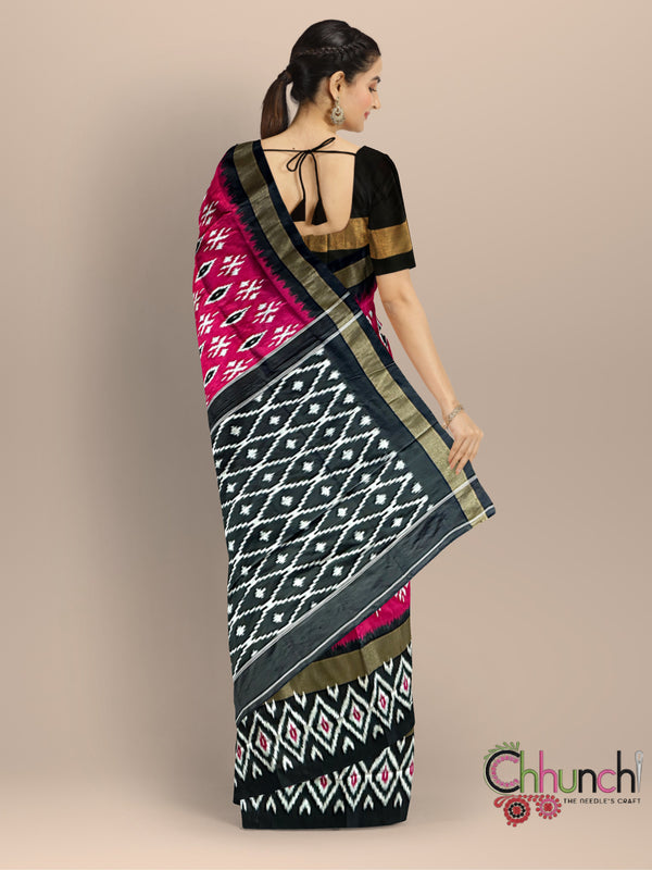 Magenta and Black Pochampally Pure Silk Handloom Saree in Ikkat Pattern