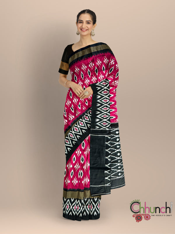 Magenta and Black Pochampally Pure Silk Handloom Saree in Ikkat Pattern