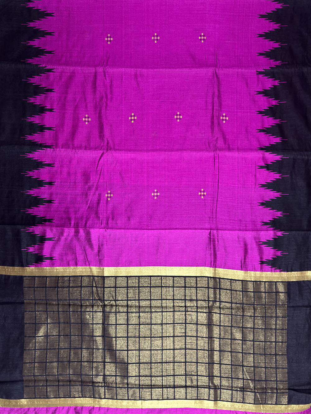 Magenta and Black Pure Raw Silk Handloom Saree With Temple Border