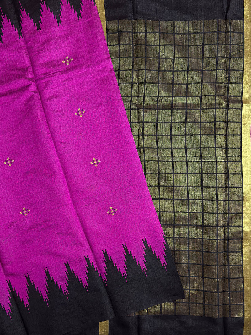 Magenta and Black Pure Raw Silk Handloom Saree With Temple Border