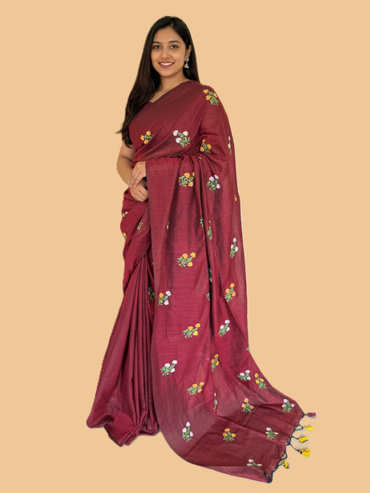 Maroon Cotton Handloom Saree with Yellow Contrast Kantha Stitch Blouse