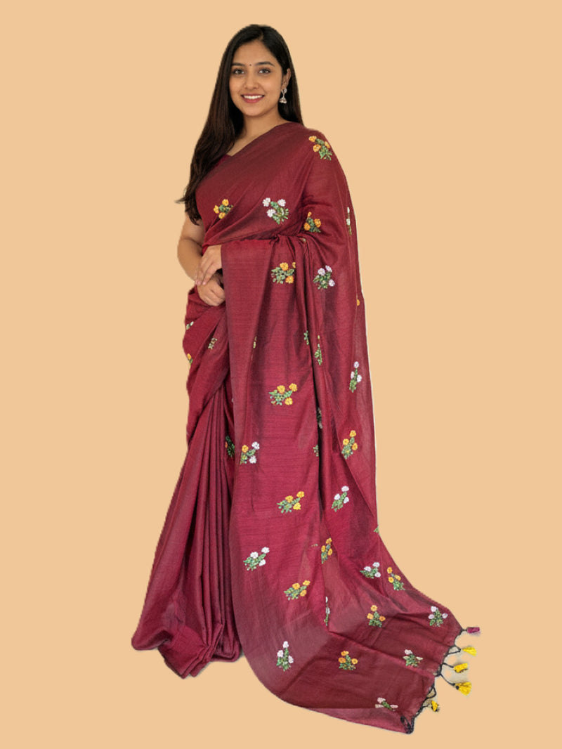 Maroon Cotton Handloom Saree with Yellow Contrast Kantha Stitch Blouse