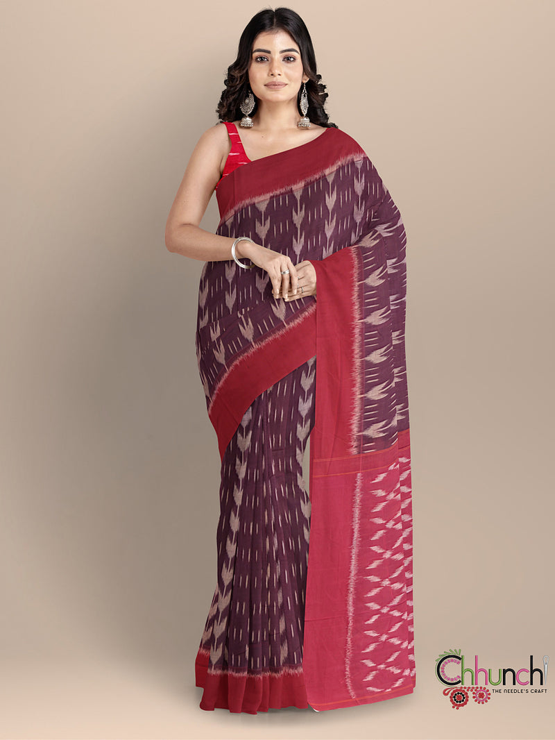 Maroon Pochampally Mercerised Cotton Handloom Saree in Ikkat Pattern