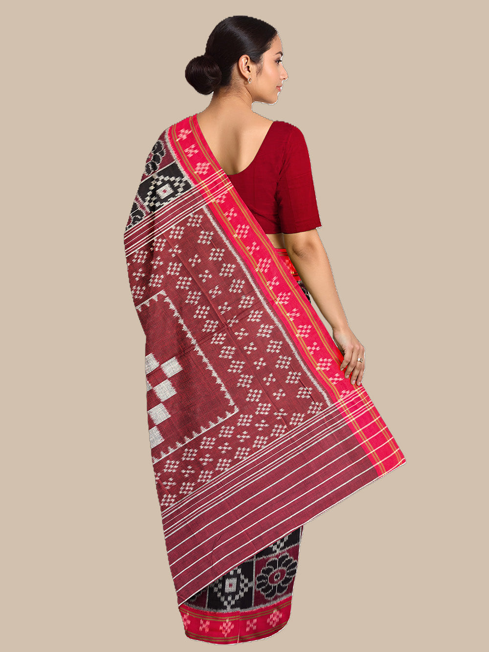 Maroon, Black and Red Nuapatna Handloom Cotton Saree
