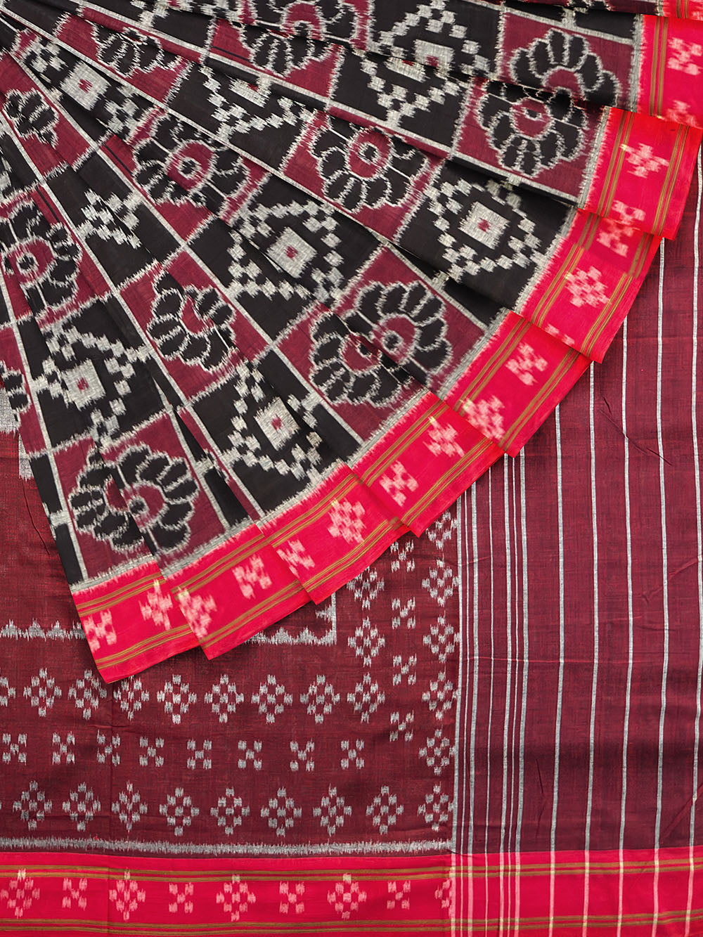Maroon, Black and Red Nuapatna Handloom Cotton Saree