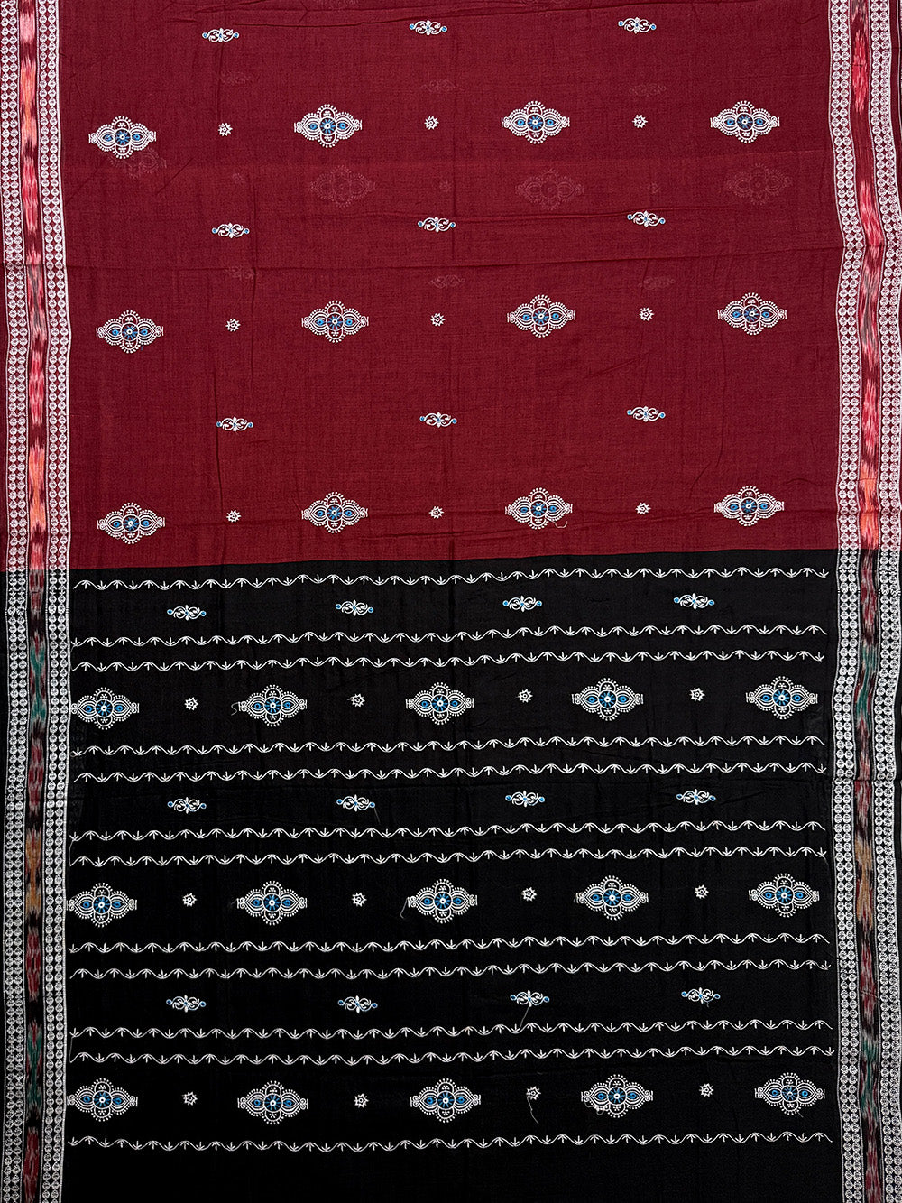 Maroon and Black Nuapatna Handloom Cotton Saree with Embroidered Motifs