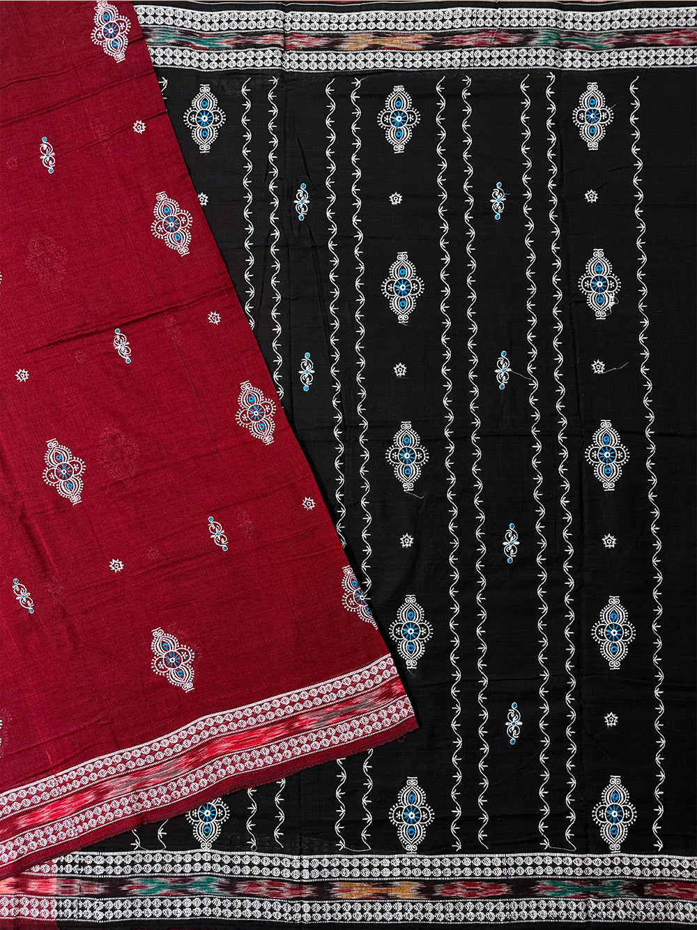 Maroon and Black Nuapatna Handloom Cotton Saree with Embroidered Motifs