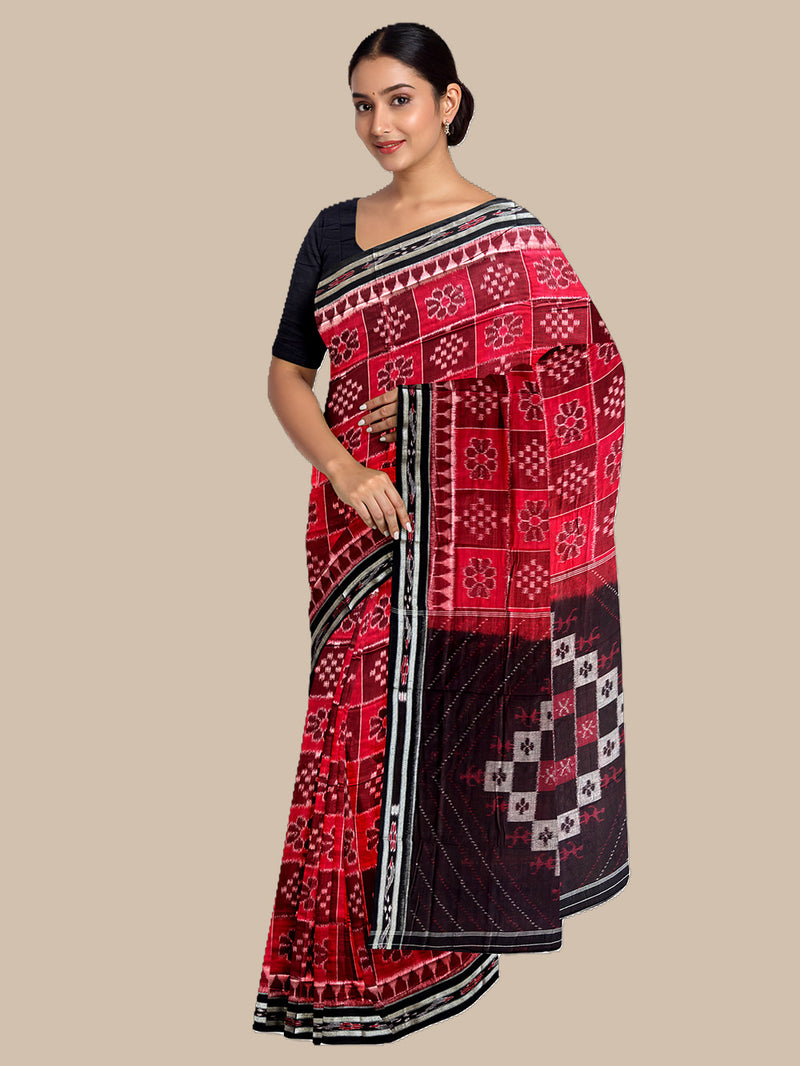 Maroon and Black Nuapatna Handloom Cotton Saree