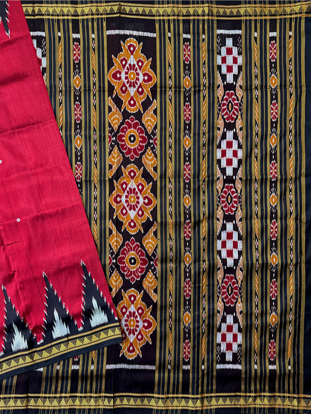 Maroon and Black  Pure Silk Handloom Khandua Patta Saree with Dongria Pattern Border