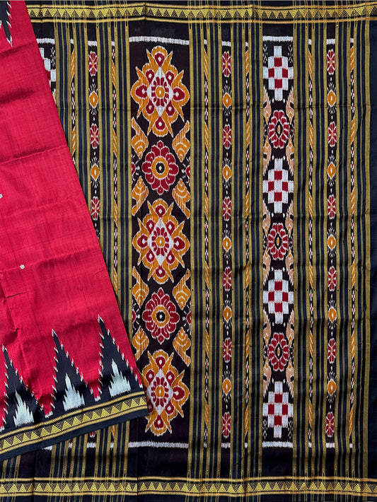 Maroon and Black  Pure Silk Handloom Khandua Patta Saree with Dongria Pattern Border