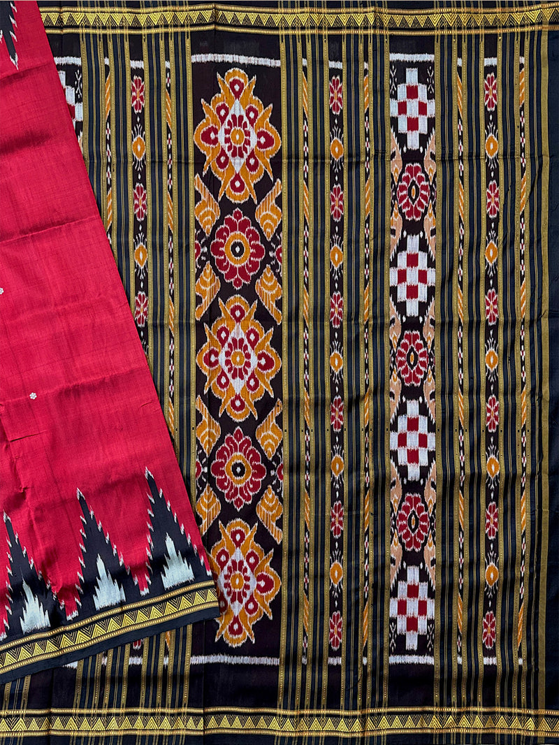 Maroon and Black Pure Silk Handloom Khandua Patta Saree with Dongria Pattern Border