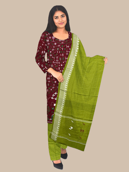 Maroon and Green Tribal Embroidery Nuapatna Handloom Cotton Dress Material