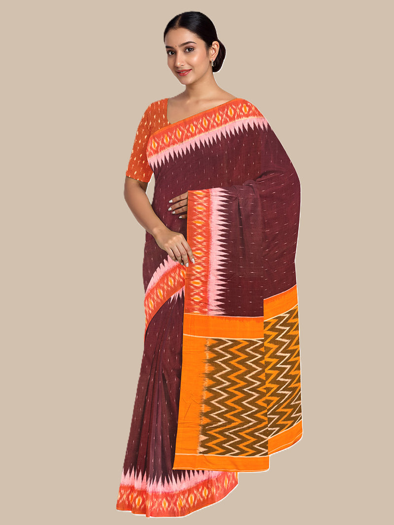 Maroon and Orange Pochampally Mercerised Cotton Handloom Saree in Ikkat Pattern