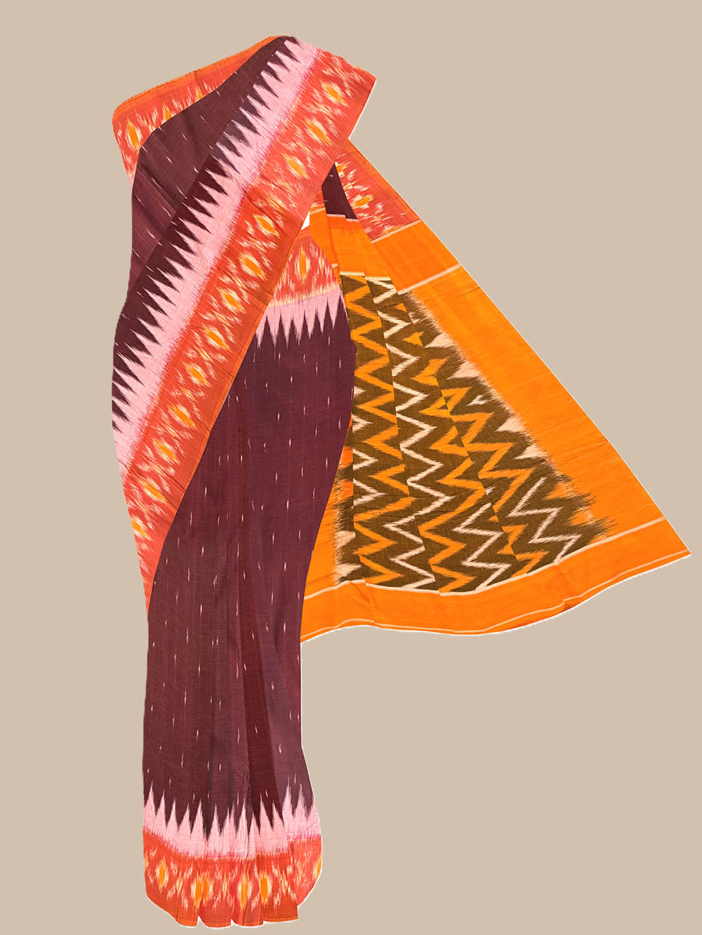 Maroon and Orange Pochampally Mercerised Cotton Handloom Saree in Ikkat Pattern