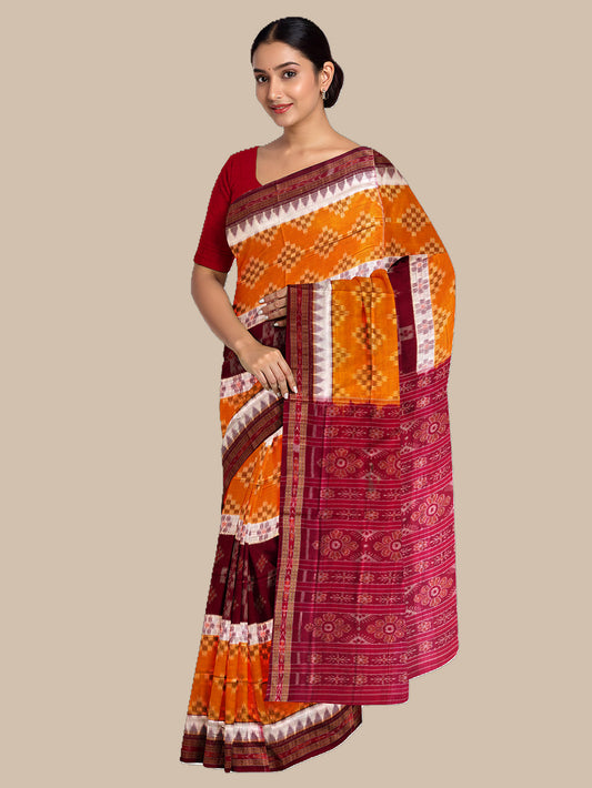 Maroon and Yellow Nuapatna Handloom Cotton Saree