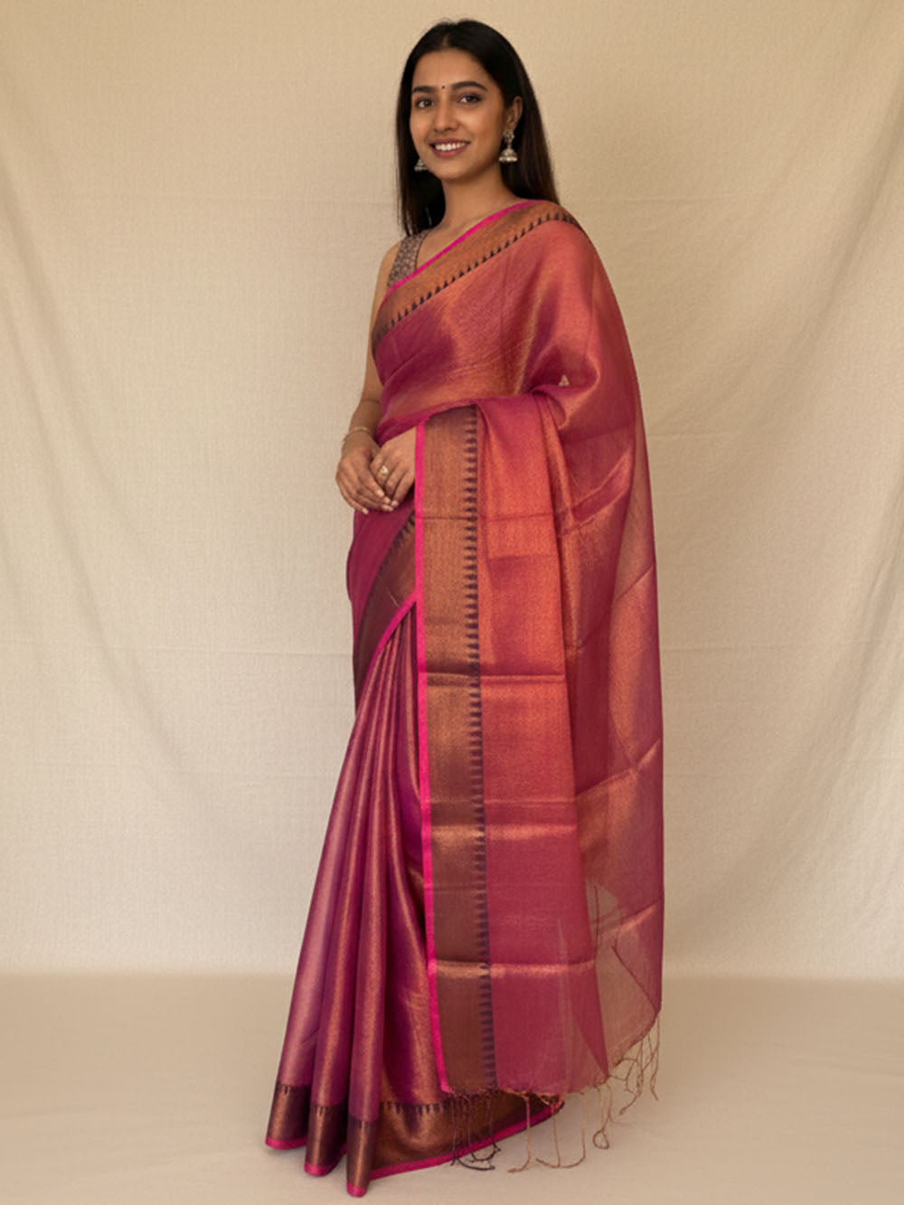 Metallic Pink Handloom Cotton Tissue Saree