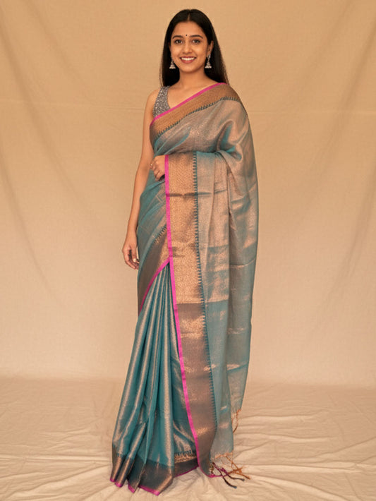 Metallic Green Handloom Cotton Tissue Saree
