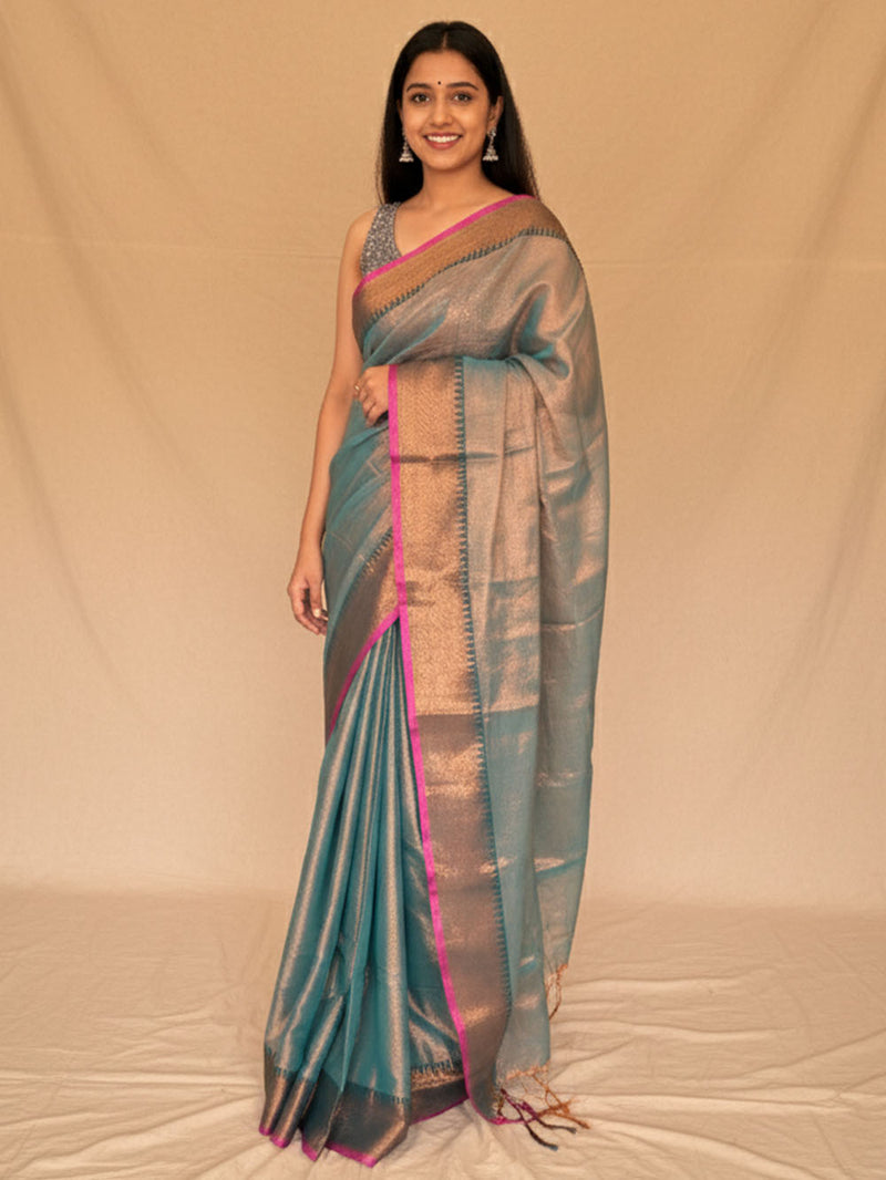 Metallic Green Handloom Cotton Tissue Saree