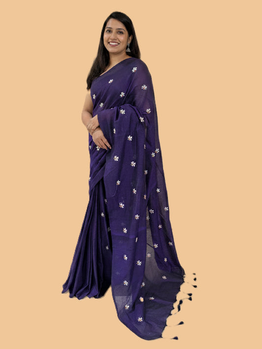 Midnight Blue Cotton Handloom Saree with White flower Embroidery