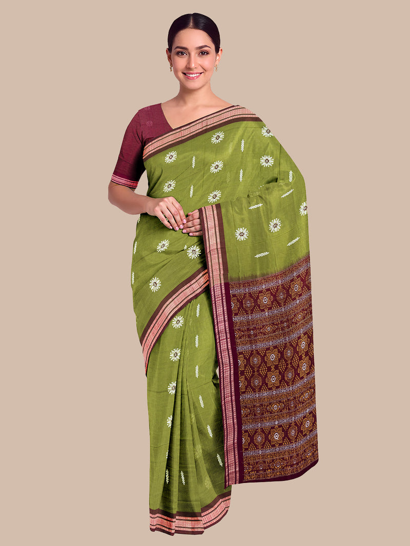 Moss Green and Maroon Handloom Cotton Sambalpuri Saree