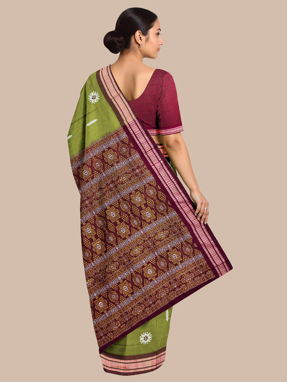 Moss Green and Maroon Handloom Cotton Sambalpuri Saree