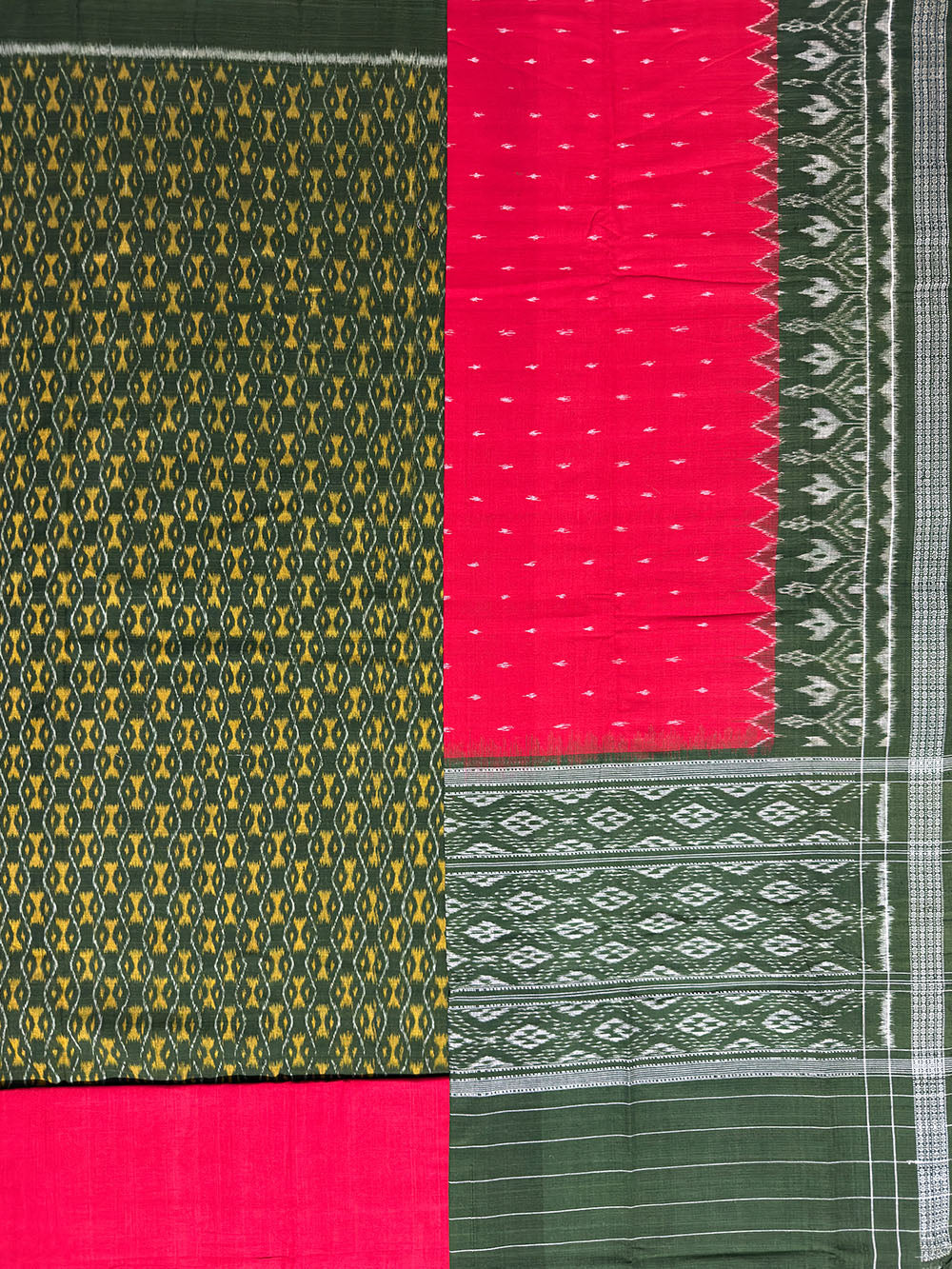 Moss Green and Red Sambalpuri Handloom Cotton Dress Material