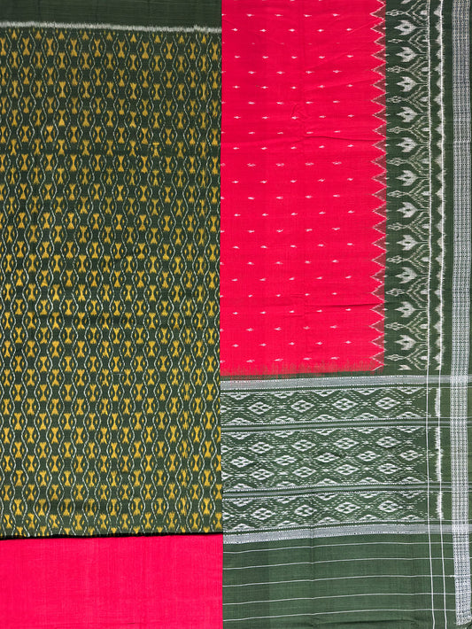 Moss Green and Red Sambalpuri Handloom Cotton Dress Material