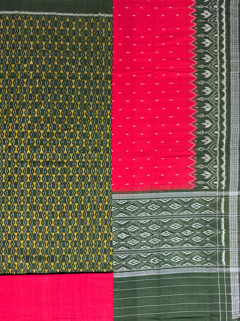 Moss Green and Red Sambalpuri Handloom Cotton Dress Material