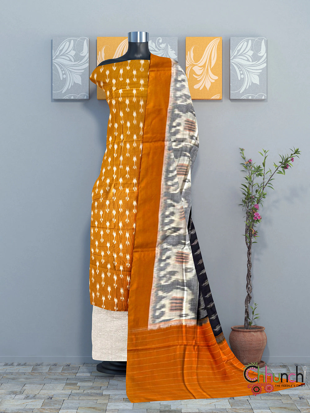 Mustard Yellow and Beige Ikkat Cotton Dress Material