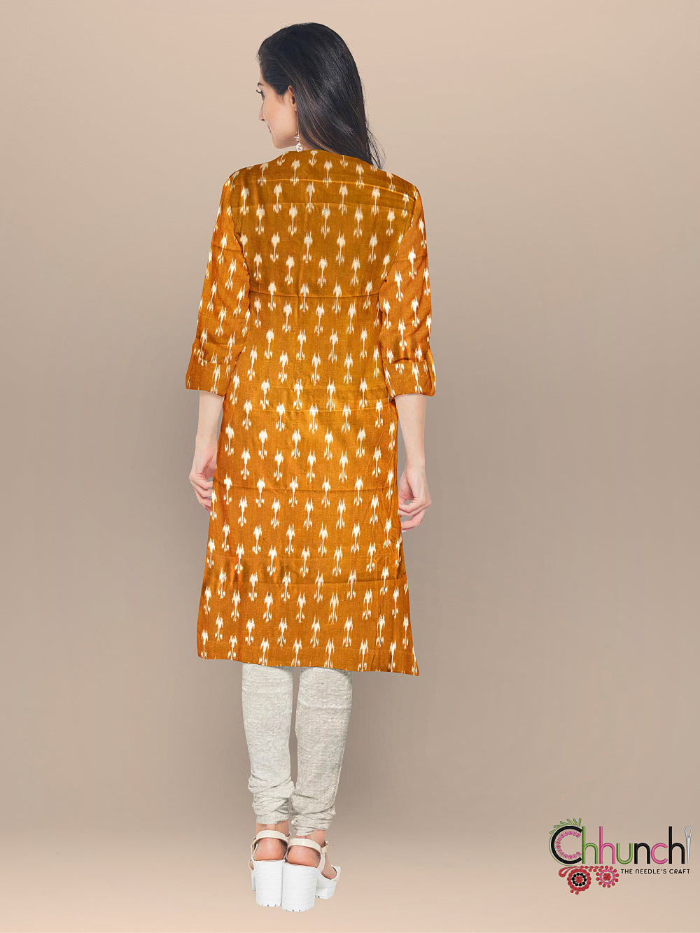 Mustard Yellow and Beige Ikkat Cotton Dress Material