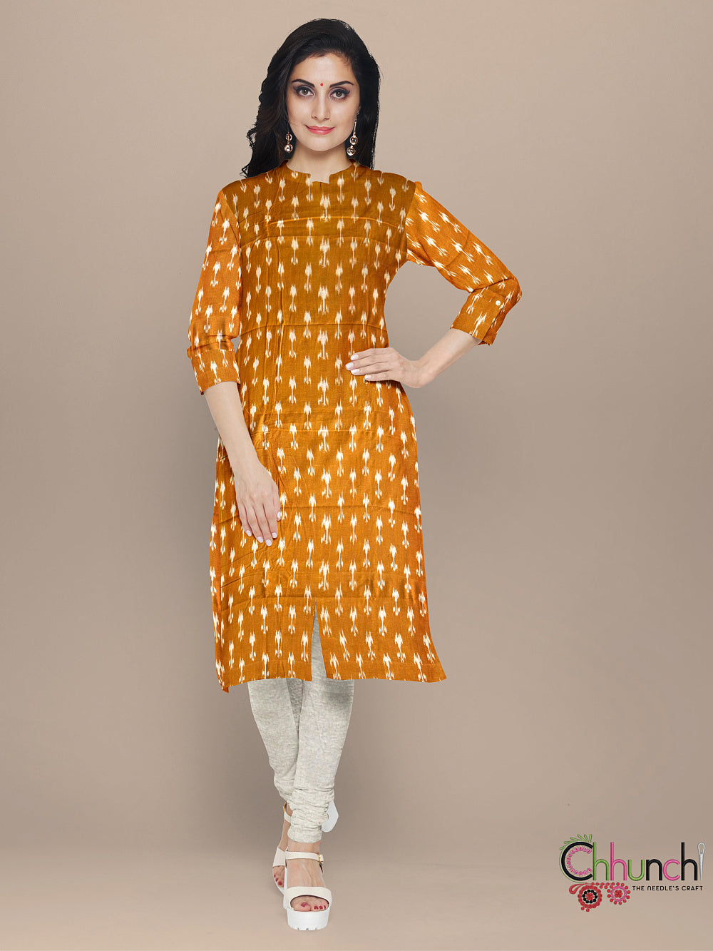 Mustard Yellow and Beige Ikkat Cotton Dress Material